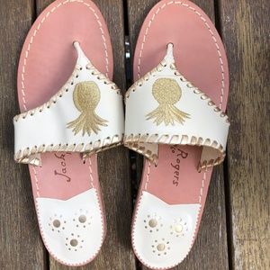 Never worn Jack Rogers gold pineapple flip flops